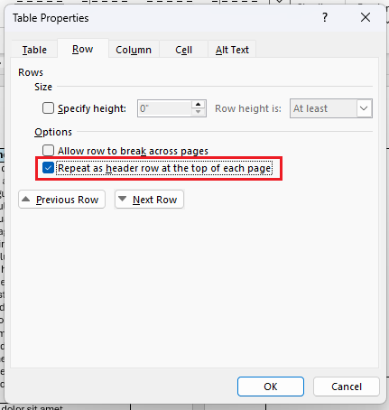 Table properties repeat header row